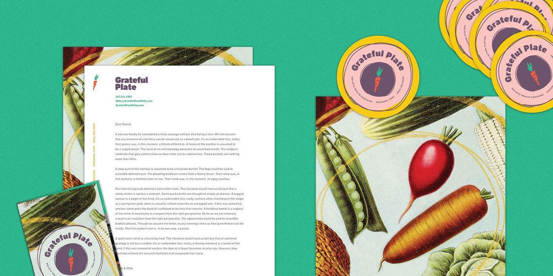 Grateful Plate case study: mockups of Grateful Plate's brand collateral, including brochures, stickers, and business cards, decorated with illustrations of vegetables and the circular, white and purple Grateful Plate logo.