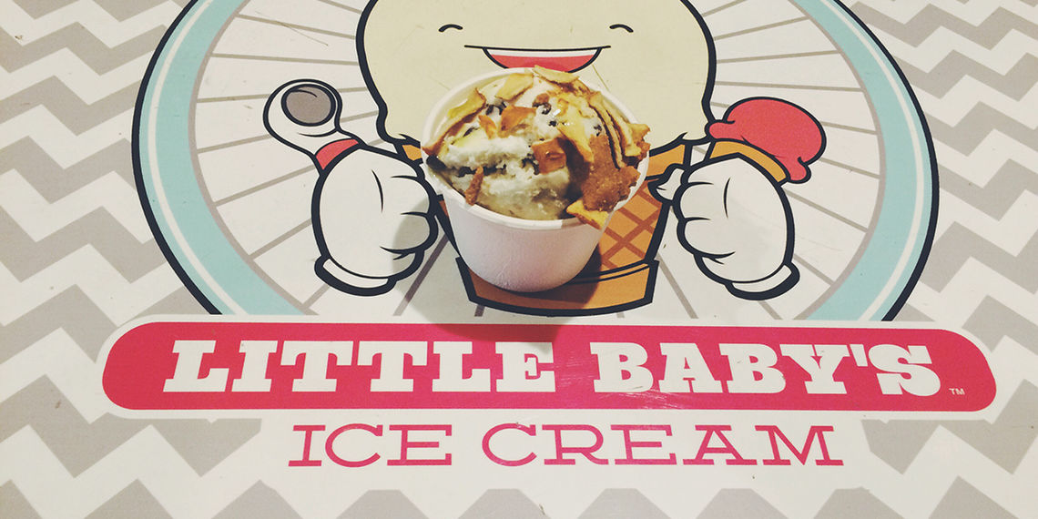 Little Baby's Ice Cream case study: photograph of a cup of ice cream atop the Little Baby's logo, an anthropomorphized ice cream cone holding a scoop in one hand and a smaller cone in the other.