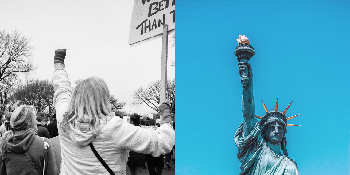 Historical Society of Pennsylvania case study: side by side images of a woman raising a fist at a political rally and the Statue of Liberty, perpetually raising aloft a torch.